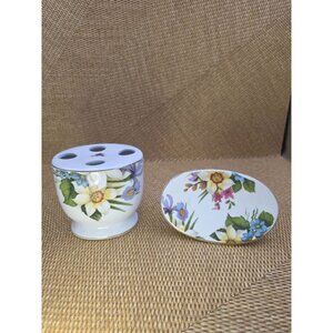 Baum Bros Porcelain Toothbrush Holder & Soap‎ Dish Floral Design Bathroom Decor